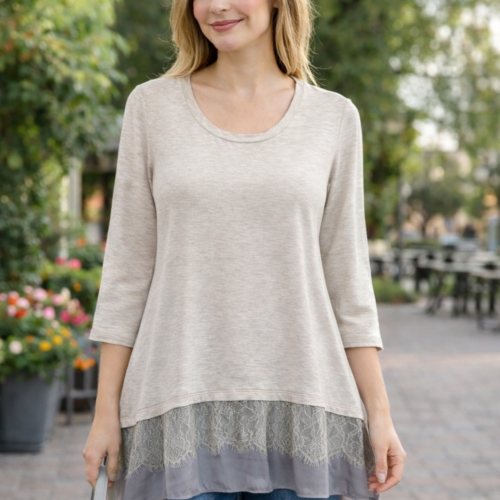 LOGO Lori Goldstein Tunic Top XL Boho Lace Layered Hi Low Soft Jersey Knit Flowy